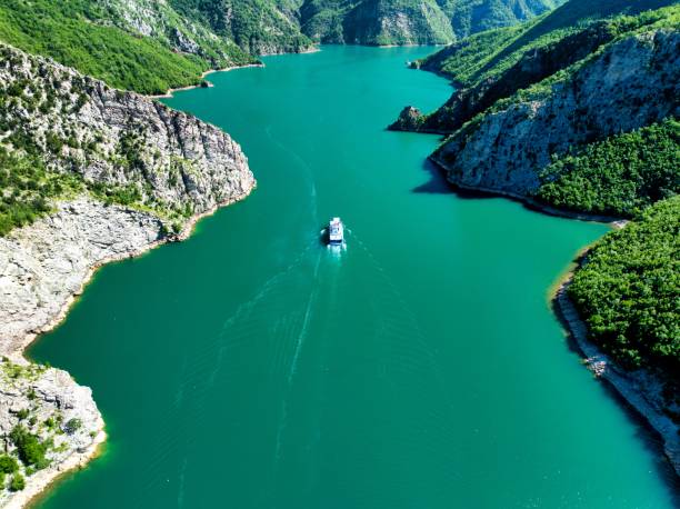 aerial image of komani hydroelectric lake in northern albania