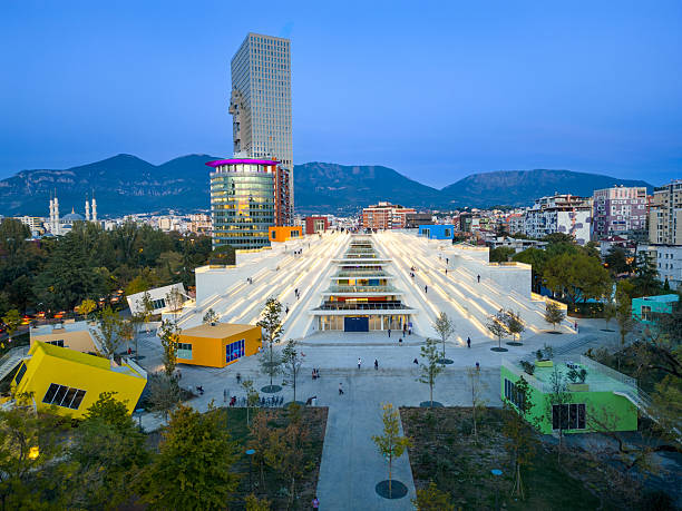 aerial view of tirana, albanian capital at night